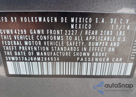 2017 Volkswagen Jetta 1.8T Sport z USA, uszkodzony, nr VIN 3VWD17AJ6HM284934